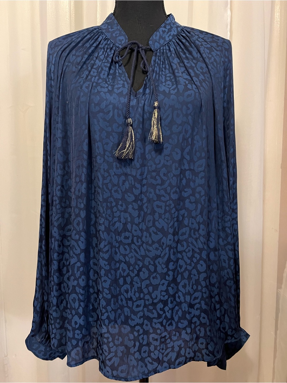 crown & ivy Navy Blue Leopard Jacquard Tassel Tie Blouse